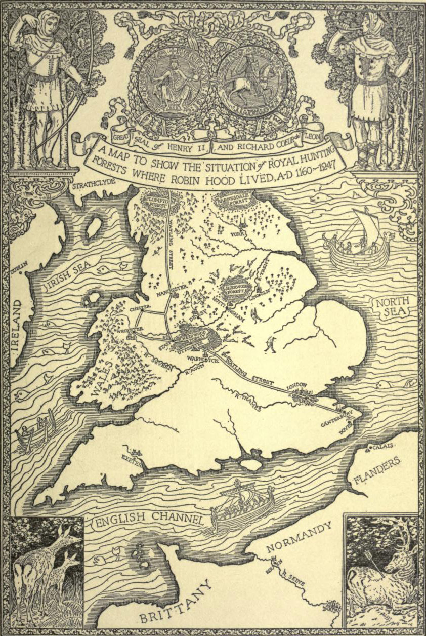 Illustration by Louis Rhead - Robin Hood, A map showing the situation of Royal Hunting Forests where Robin Hood Lived