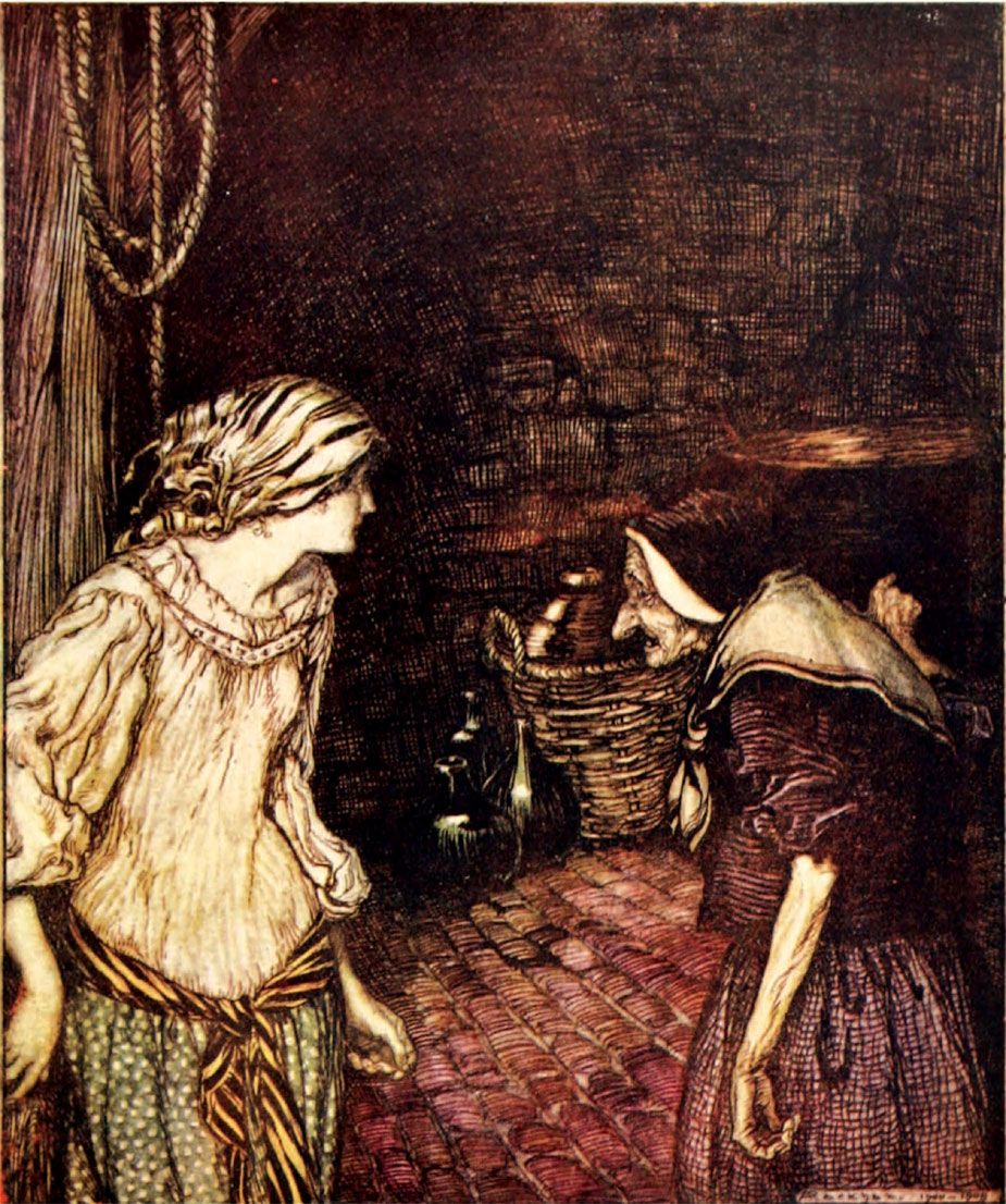 'At last she reached the cellar, and there she found an old, old woman with a shaking head.' Illustration by Arthur Rackham