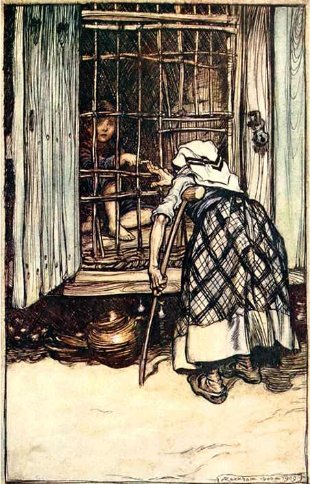 'Hansel put out a knuckle-bone, and the old woman, whose eyes were dim, could not see' By Arthur Rackham