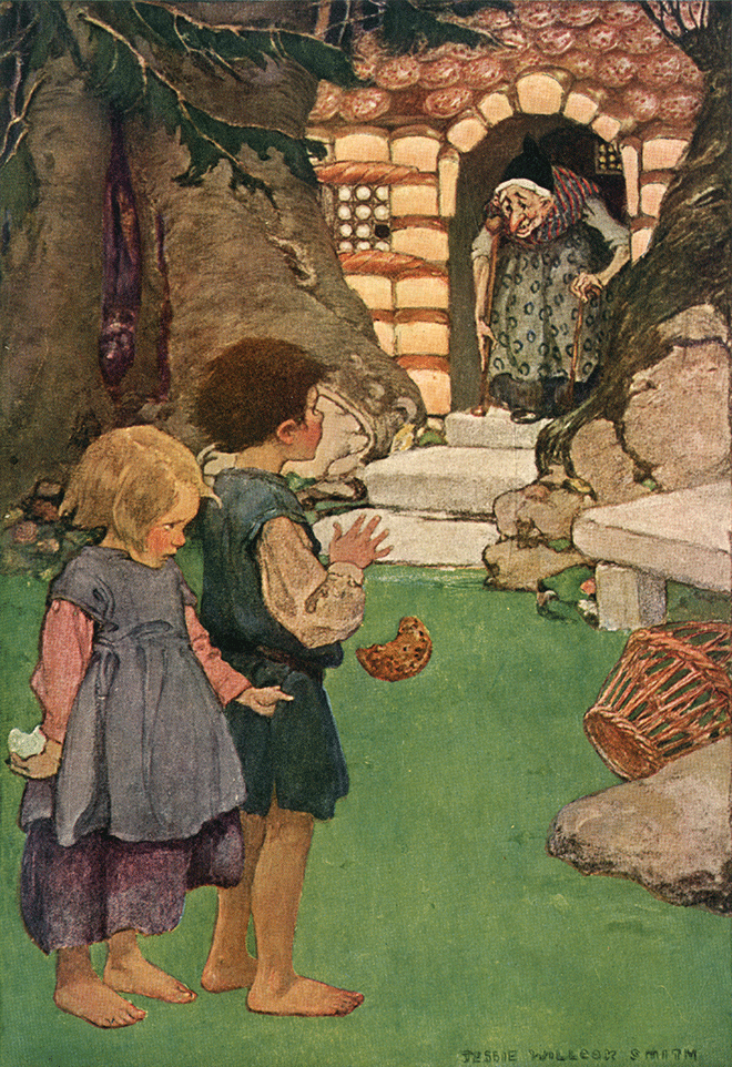 'Suddenly the door opened, and an ancient dame leaning on a staff hobbled out.' by Jessie Willcox Smith