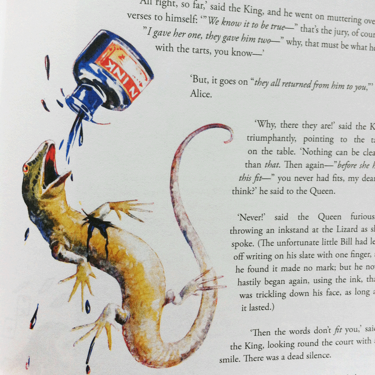 "Never!" said the Queen furiously, throwing an inkstand at the lizard as she spoke. Illustration by Margaret W. Tarrant. Alice's Adventures in Wonderland.