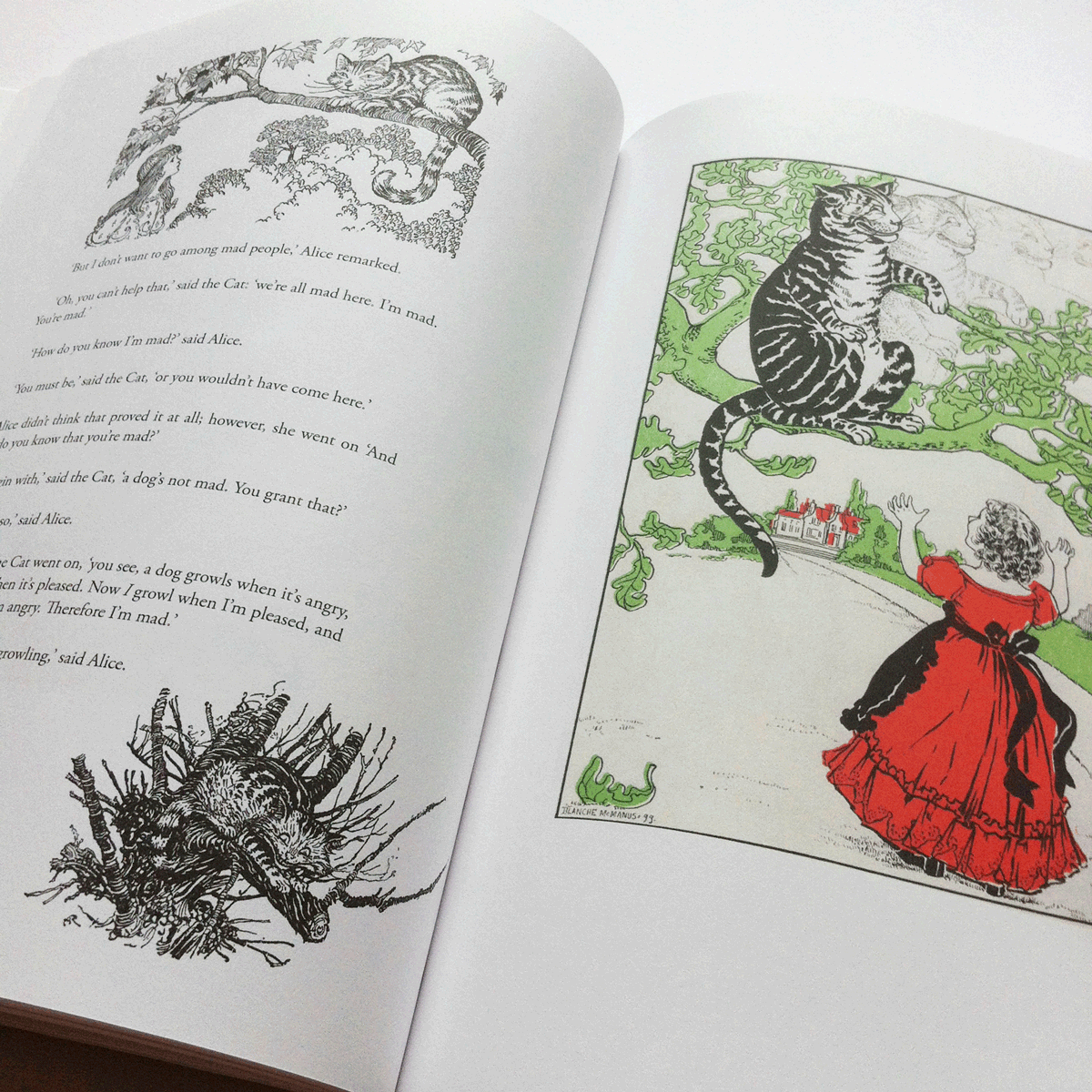 The cat vanished quite slowly, beginning with the end of the tail and ending with the grin. Illustration by Blanche McManus. Alice's Adventures in Wonderland.