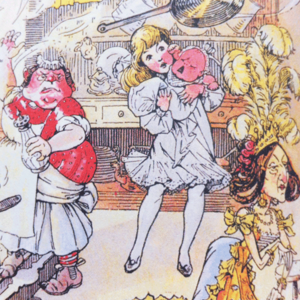 The cook threw a frying-pan after her as she went out, but it just missed her. Illustration by W. H. Walker. Alice's Adventures in Wonderland.