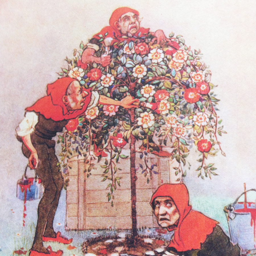 The roses were white, but there were three gardeners busily painting them red. Illustration by Gwynedd M. Hudson. Alice's Adventures in Wonderland.